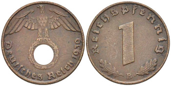 ГЕРМАНИЯ 1 РЕЙХСПФЕННИГ 1939 В KM 89, J. 361 бронза 116-1236