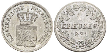Бавария 1 крейцер 1871 Людвиг II (1864-1886) KM 487 серебро 201-1023