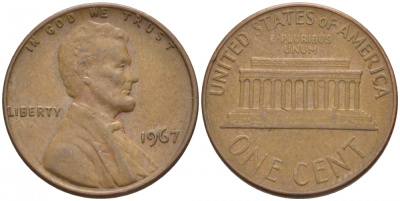 США 1 ЦЕНТ 1967 ЛИНКОЛЬН KM 201 медь цинк 3851-1035