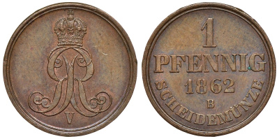 Ганновер 1 пфенниг 1862 B, Георг V KM 233, AKS 156, J. 90 медь 4594-469