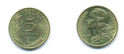 ФРАНЦИЯ 5 САНТИМОВ 1977 ТИП MARIANNE KM 933 медь алюминий никель 84-1539