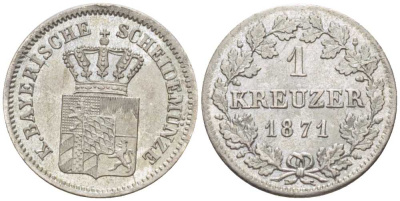 Бавария 1 крейцер 1871 Людвиг II (1864-1886) KM 487 серебро 201-1023