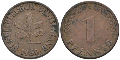 ФРГ 1 ПФЕННИГ 1950 G KM 105, J.380 сталь плакированная медью 75-414