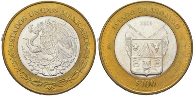 Мексика 100 песо 2005 180 лет Федерации - Идальго KM 717 биметалл, серебро BU 00-1067-8-62