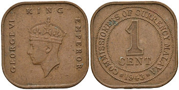 Британская Малайя 1 цент 1943 Георг VI (1937-1952) KM 6 бронза 4153-633