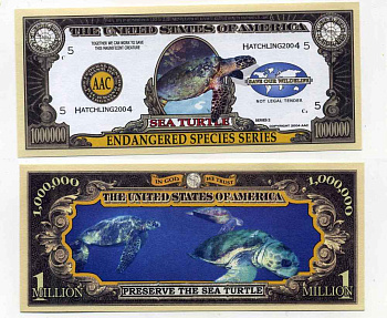 США 1000000 ДОЛЛАРОВ 2004 СУВЕНИРНАЯ БАНКНОТА, СЕРИЯ ОХРАНЫ ОКРУЖАЮЩЕЙ СРЕДЫ, МОРСКАЯ ЧЕРЕПАХА бумага UNC (ПРЕСС) 8588-20-3-2