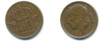 БЕЛЬГИЯ 50 САНТИМОВ 1958 BELGIE KM 149.1 бронза 86-1313