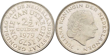 Нидерланды 2 1/2 гульдена 1979 400 лет Утрехтскому союзу, Юлиана (1949-1980) KM 197 никель 215-441