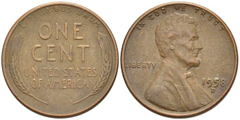 США 1 ЦЕНТ 1958 D, ЛИНКОЛЬН KM А132 медь цинк 218-1046
