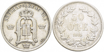 Швеция 50 эре 1875 ST, Оскар II (1872-1907) король Швеции и Норвегии, LARGE LETTERS KM 740 (519) серебро 1515-923