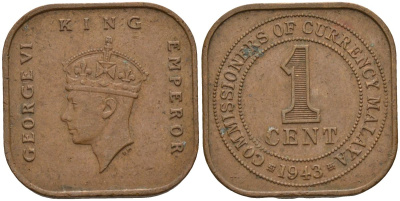 Британская Малайя 1 цент 1943 Георг VI (1937-1952) KM 6 бронза 4153-633