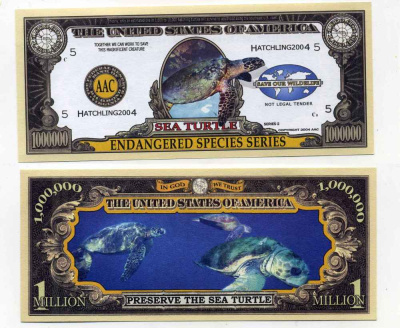 США 1000000 ДОЛЛАРОВ 2004 СУВЕНИРНАЯ БАНКНОТА, СЕРИЯ ОХРАНЫ ОКРУЖАЮЩЕЙ СРЕДЫ, МОРСКАЯ ЧЕРЕПАХА бумага UNC (ПРЕСС) 8588-20-3-2