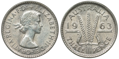 Австралия 3 пенса 1963 m, Елизавета II (1952-2022) KM 57 серебро 71-864