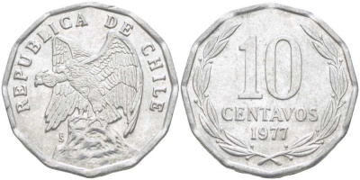 Чили 10 сентаво 1977 KM 205a алюминий 4402-353