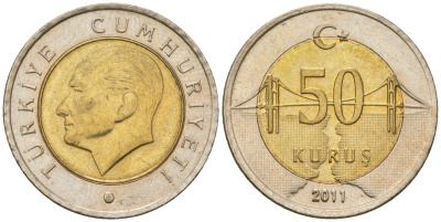 Турция 50 курушей 2011 KM 1243 биметалл 4610-1134