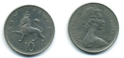 Великобритания 10 пенсов 1975 Елизавета II (1952-2022) KM 912, Spink 4231 (F1) медно-никель  4110-1345
