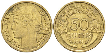 ФРАНЦИЯ 50 САНТИМОВ 1941 ТИП MORLON KM 894.1, LE FRANC 192.18 алюминиевая бронза 44-558