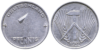ГДР 1 ПФЕННИГ 1952 А KM 5 алюминий 26-721