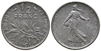 Франция 1/2 франка 1965 сеятель KM 931, Le Franc 198.3 никель 26-963