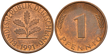 ФРГ 1 пфенниг 1991 J KM 105, J. 380 сталь плакированная медью    4598-667