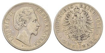 Бавария 2 марки 1876 D, Людвиг II (1864-1886) KM 903 серебро 1525-323