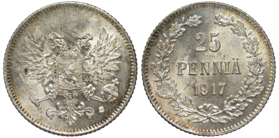 Россия для Финляндии 25 пенни 1917 S, временное правительство, без короны KM 19, Биткин 2 серебро 75-1513