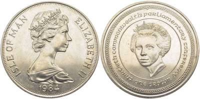 Остров Мэн 1 крона 1984 30 ЛЕТ ПАРЛАМЕНТСКОЙ КОНФЕРЕНЦИИ СТРАН БРИТАНСКОГО СОДРУЖЕСТВА, ЕЛИЗАВЕТА II KM 132 медно-никель UNC 107-732