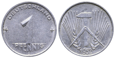 ГДР 1 ПФЕННИГ 1952 А KM 5 алюминий 26-721