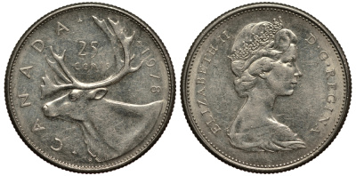КАНАДА 25 ЦЕНТОВ 1978 ОЛЕНЬ, ЕЛИЗАВЕТА II (1952-) KM 62b никель VF 4182-526
