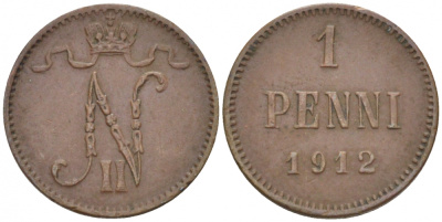 Россия для Финляндии 1 пенни 1912 Николай II (1894-1917) KM 13, Биткин 472 медь 4396-1359