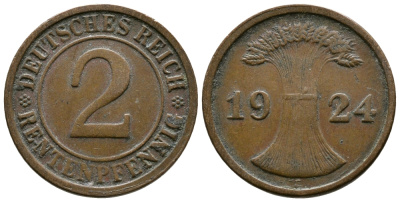 ГЕРМАНИЯ 2 РЕНТЕНПФЕННИГА 1924 E KM 31, J.307 бронза 86-1612