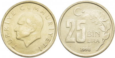 Турция 25000 лир 1998 Мустафа Кемаль Ататюрк KM 1041 медь никель цинк 4402-1056