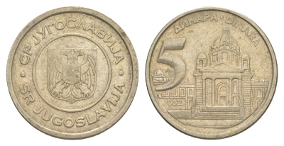 Югославия 5 динаров 2002 KM 182 медь цинк никель 4575-846