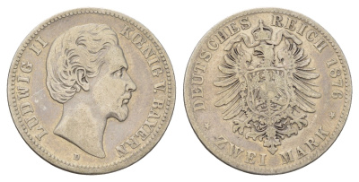Бавария 2 марки 1876 D, Людвиг II (1864-1886) KM 903 серебро 1525-323