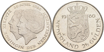 Нидерланды 2 1/2 гульдена 1980 коронация Беатрикс, 30 апреля 1980 KM 201 никель 4593-1032