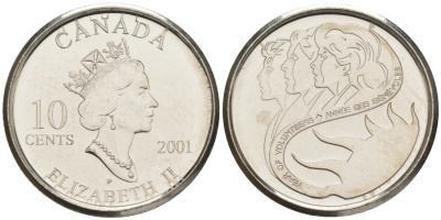 Канада 10 центов 2001 международный год волонтеров KM 412 никелированная сталь UNC M32-02