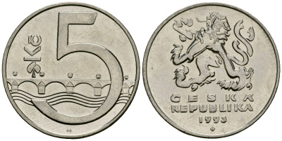 Чехия 5 крон 1993 чешский лев, Карлов мост KM 8 сталь плакированная никелем 4167-947