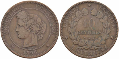 ФРАНЦИЯ 10 САНТИМОВ 1896 A, ТРЕТЬЯ РЕСПУБЛИКА (1871-1940) KM 815.1, LA FRANC 135.41 бронза 82-941