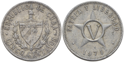 Куба 5 сентаво 1971 звезда, вторая республика (1962- ) KM 34 алюминий 67-1045