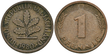 ФРГ 1 пфенниг 1980 G KM 105, J.380 сталь плакированная медью 08-1317