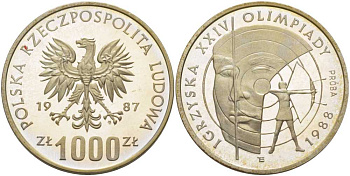 Польша 1000 злотых 1987 MW, XXIV летние Олимпийские игры 1988 года в Сеуле, стрельба из лука, мишень, PROBA, проба, тираж 10000 экз., в оригинальной пластиковой коробке KM Pr 567, Parchimowicz P.493a серебро PROOF 5-3-1-172