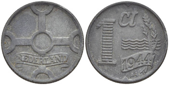 НИДЕРЛАНДЫ 1 ЦЕНТ 1944 ВИЛЬГЕЛЬМИНА I (1891-1948), ГЕРМАНСКАЯ ОККУПАЦИЯ, ВТОРАЯ МИРОВАЯ ВОЙНА KM 170 цинк 4532-1146