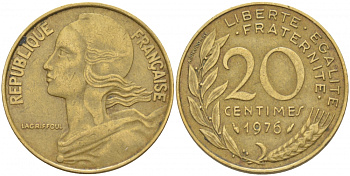 ФРАНЦИЯ 20 САНТИМОВ 1976 ТИП MARIANNE KM 930, LE FRANC 156.16 алюминиевая бронза 4402-955