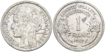 ФРАНЦИЯ 1 ФРАНК 1947 KM 885a.1 алюминий 4402-1026