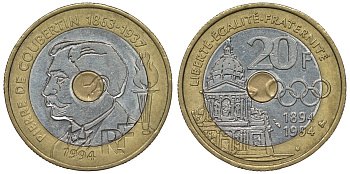 Франция 20 франков 1994 100 лет международному Олимпийскому комитету, Пьер Кубертен KM 1036, Le Franc 405.2 триметалл 4123-726
