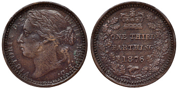 Великобритания 1/3 фартинга 1876 Виктория (1837-1901) KM 750, Spink 3960 бронза 1531-234