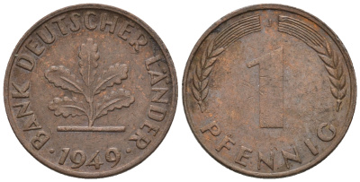 ФРГ 1 пфенниг 1949 J KM А101, J.376 сталь плакированная медью 4609-322