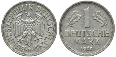 ФРГ 1 МАРКА 1963 F KM 110, J. 385 медно-никель 72-725