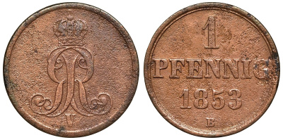 Ганновер 1 пфенниг 1853 B, Георг V KM 221, AKS 155, J. 83 медь 4594-462