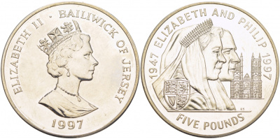 Джерси 5 фунтов 1997 Елизавета и Филипп, золотая свадьба KM 100 медно-никель UNC 118-424
